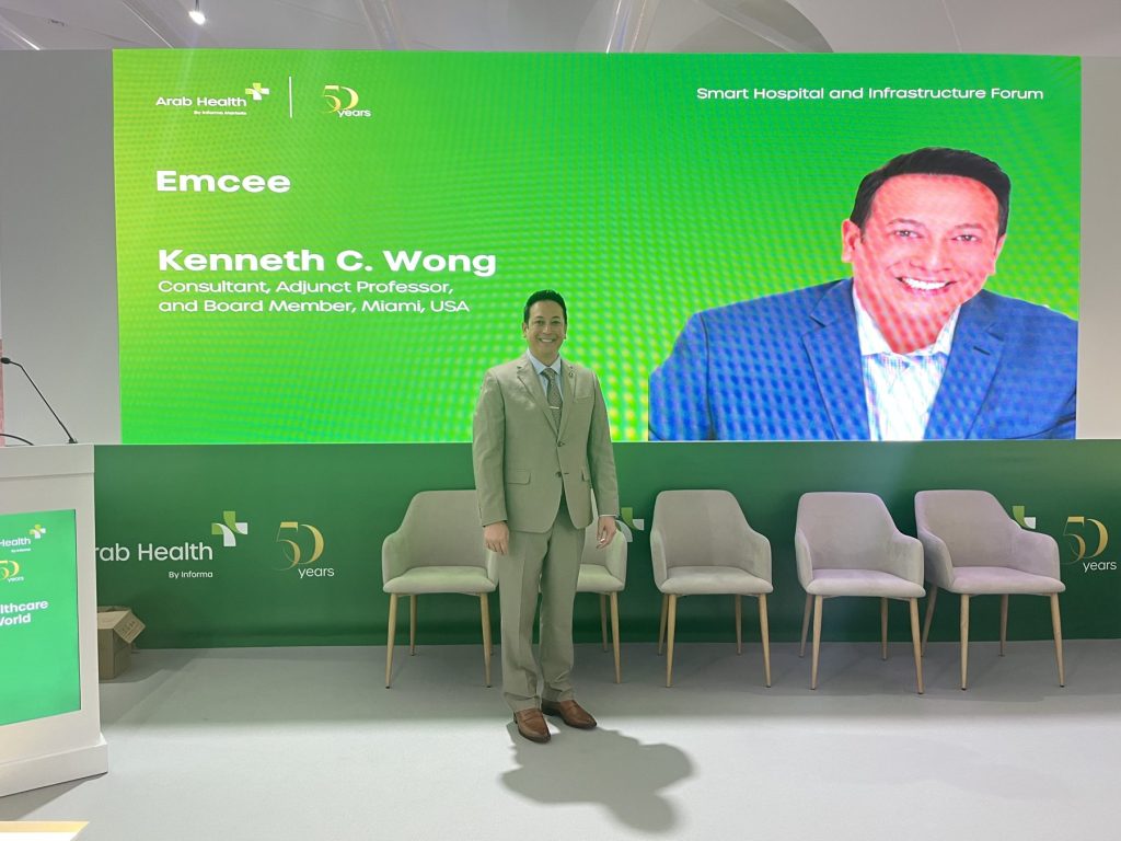 Kenneth C. Wong on stage as emcee of the Smart Hospital and Infrastructure Forum at WHX Dubai 2025